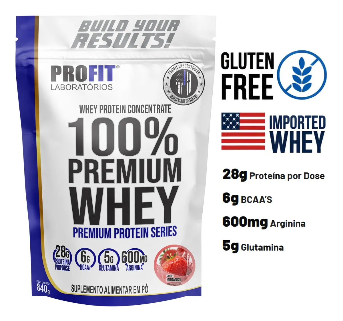 Whey Protein 100% Concentrado Premium 840g Profit Morango